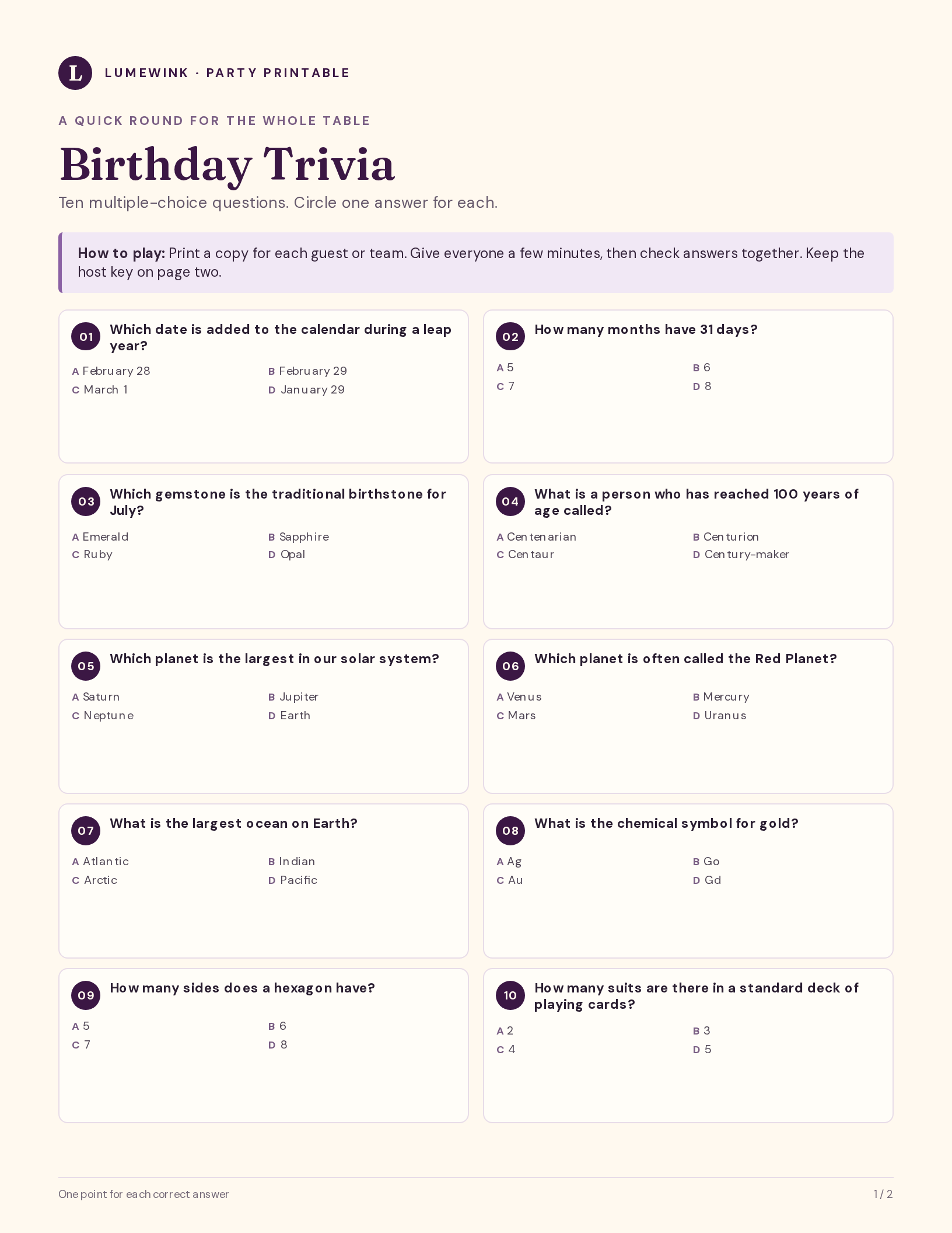 First page of the Birthday Trivia printable, with ten multiple-choice questions arranged in two columns.